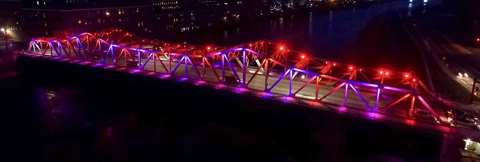 Completed Bridge A fully lit bridge after dark